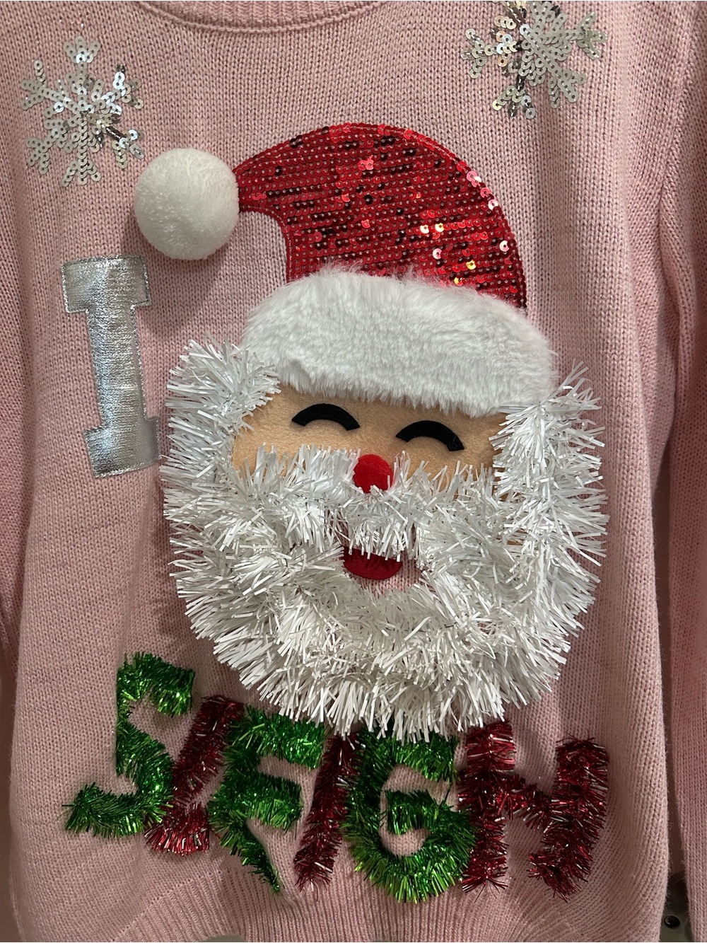 Pink Santa Tinsel Holiday Sweater
